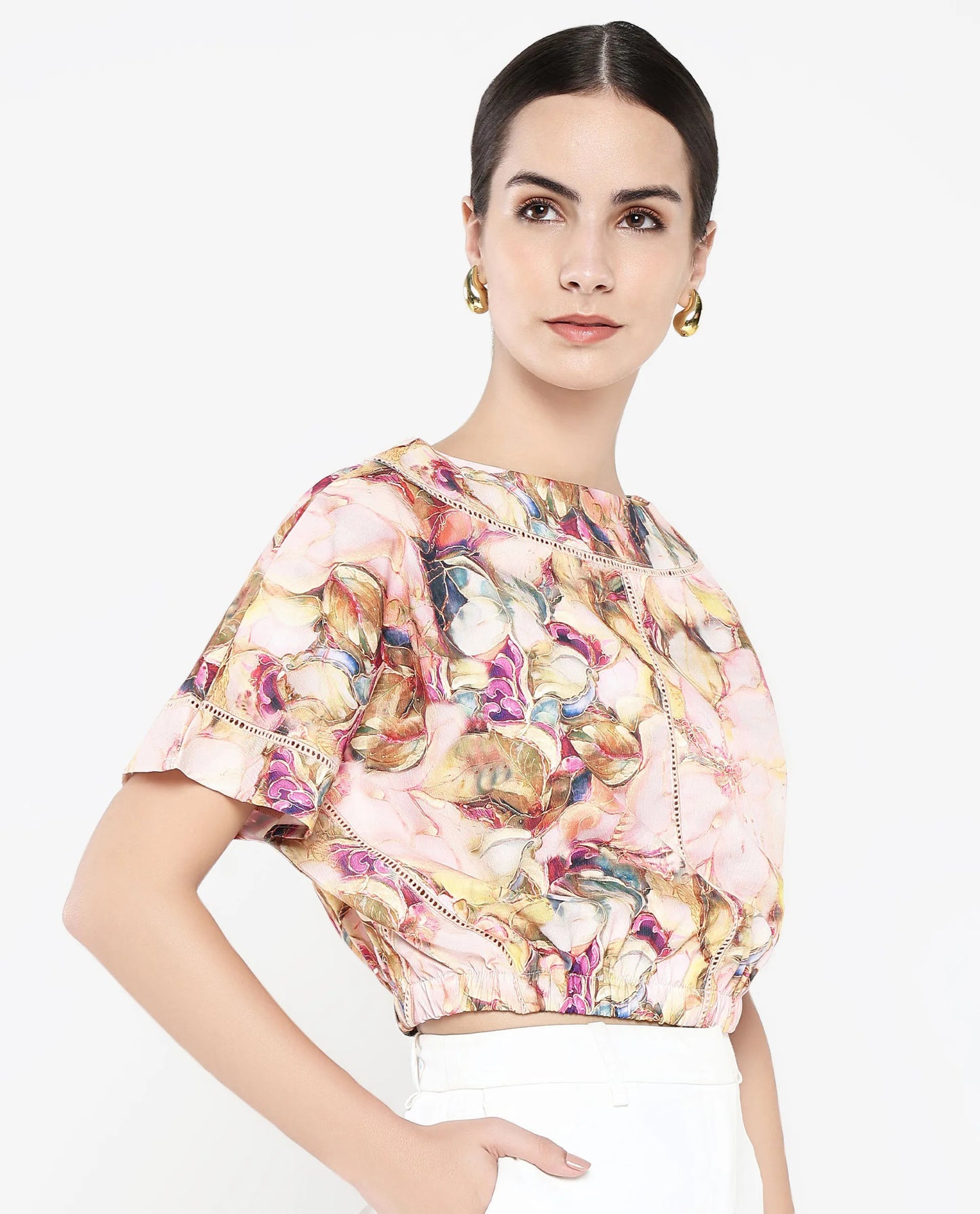 Rareism Women Terni Multi Extended Sleeves Boat Neck Floral Print Top