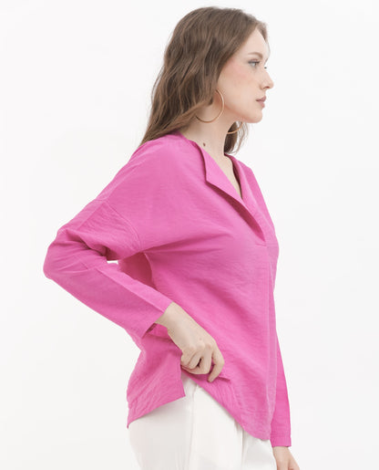 Rareism Women Tesioka Flouroscent Pink Rayon Nylon Fabric Regular Sleeves V-Neck  Fit And Flare Solid Top