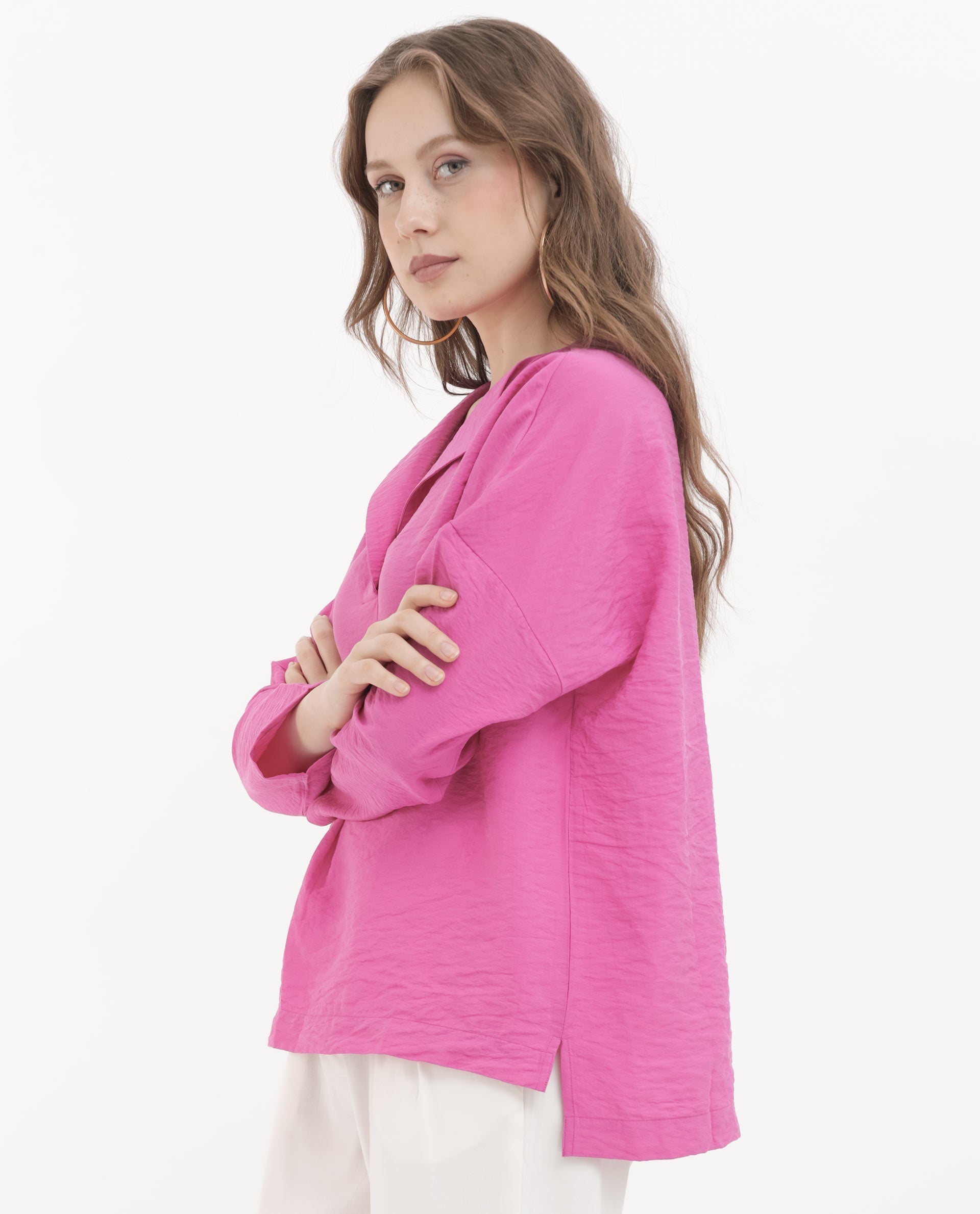 Rareism Women Tesioka Flouroscent Pink Rayon Nylon Fabric Regular Sleeves V-Neck  Fit And Flare Solid Top