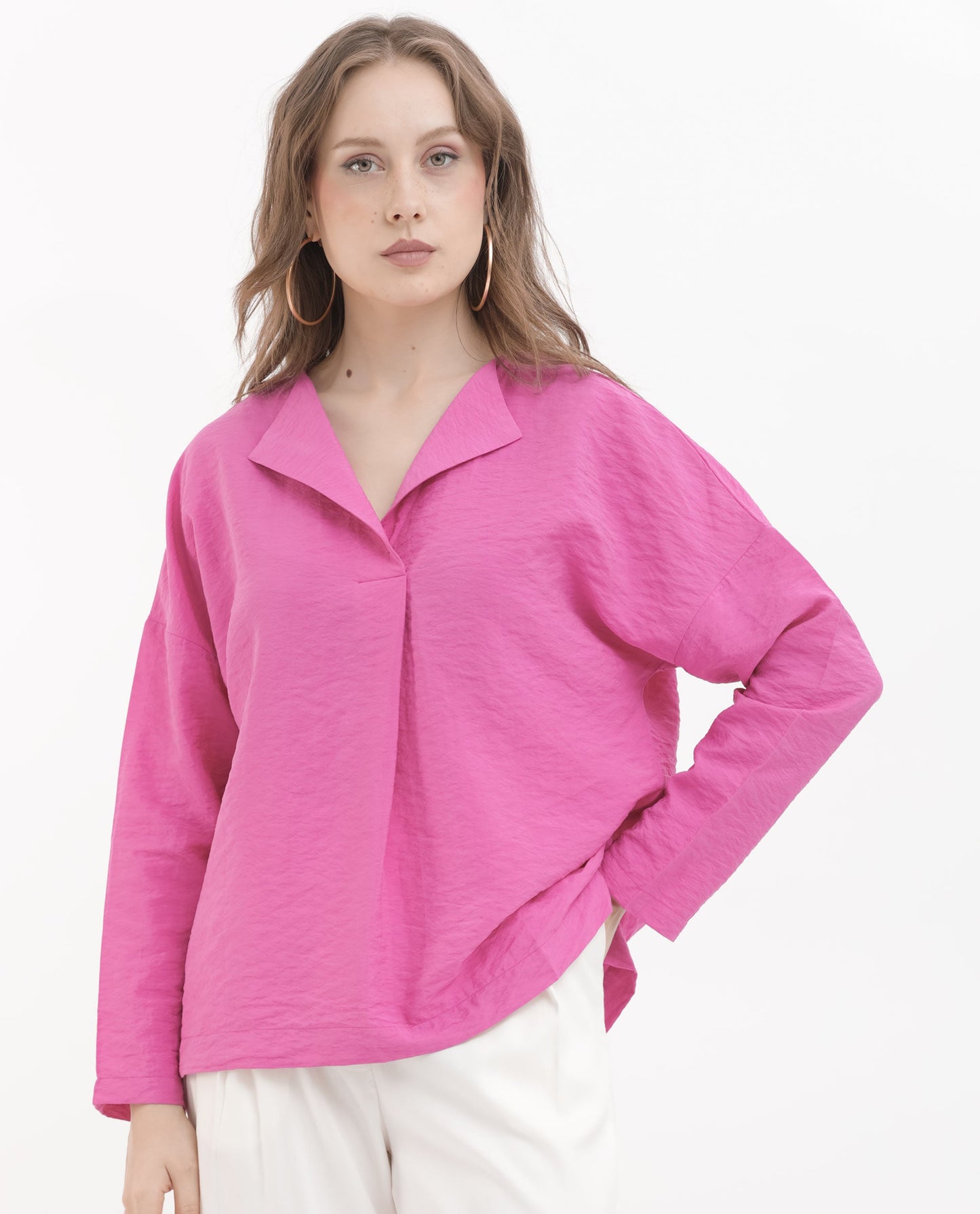 Rareism Women Tesioka Flouroscent Pink Rayon Nylon Fabric Regular Sleeves V-Neck  Fit And Flare Solid Top