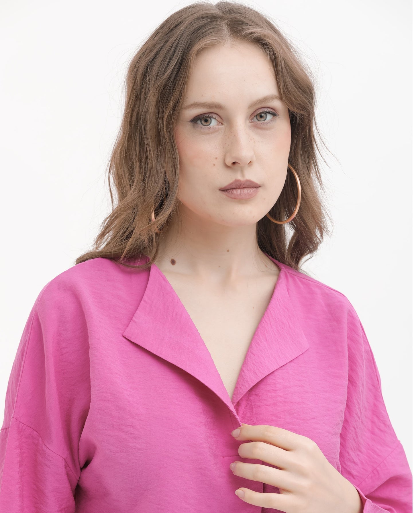 Rareism Women Tesioka Flouroscent Pink Rayon Nylon Fabric Regular Sleeves V-Neck  Fit And Flare Solid Top