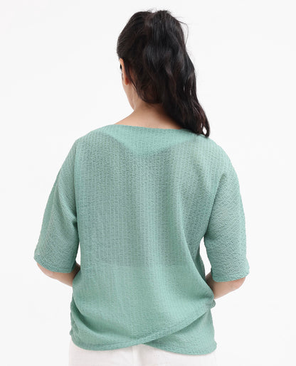 Rareism Women Texmer Green Short Sleeve Boat Neck Plain Top