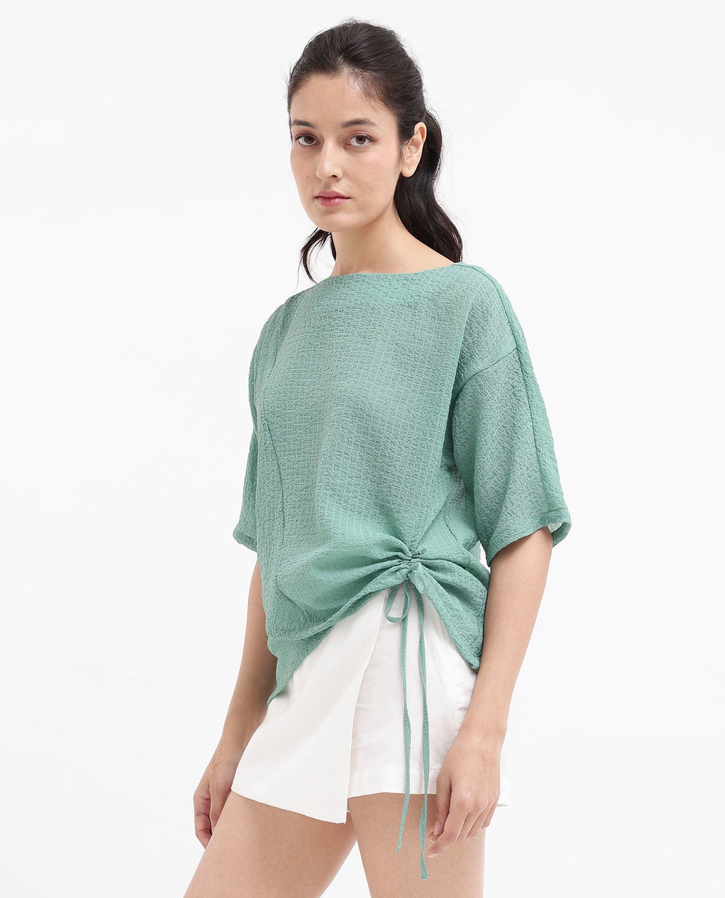 Rareism Women Texmer Green Short Sleeve Boat Neck Plain Top