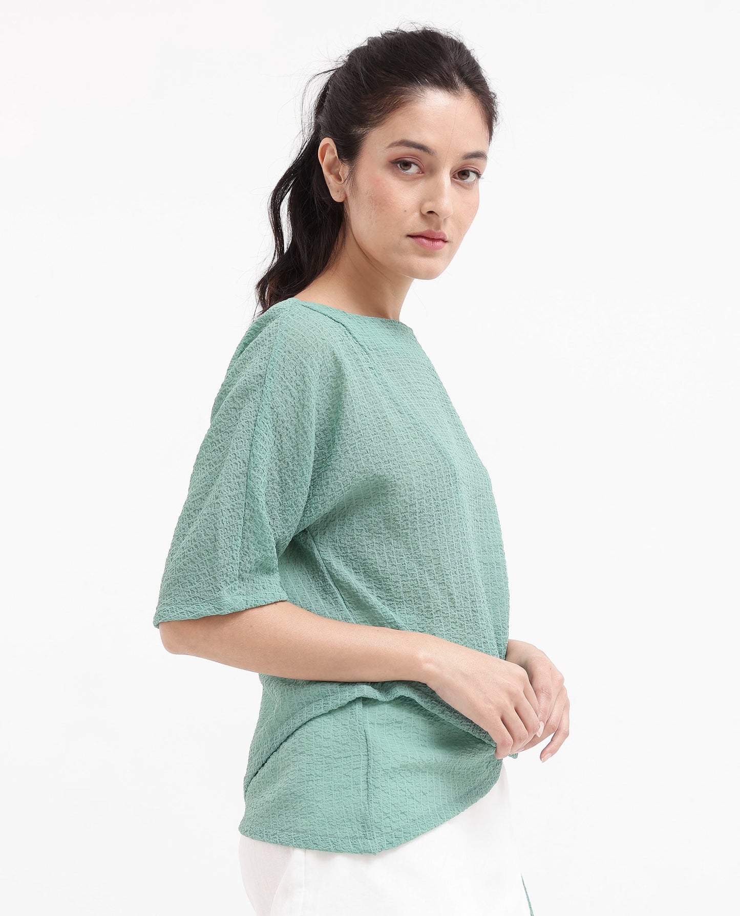 Rareism Women Texmer Green Short Sleeve Boat Neck Plain Top