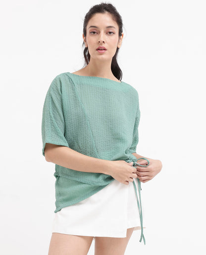 Rareism Women Texmer Green Short Sleeve Boat Neck Plain Top