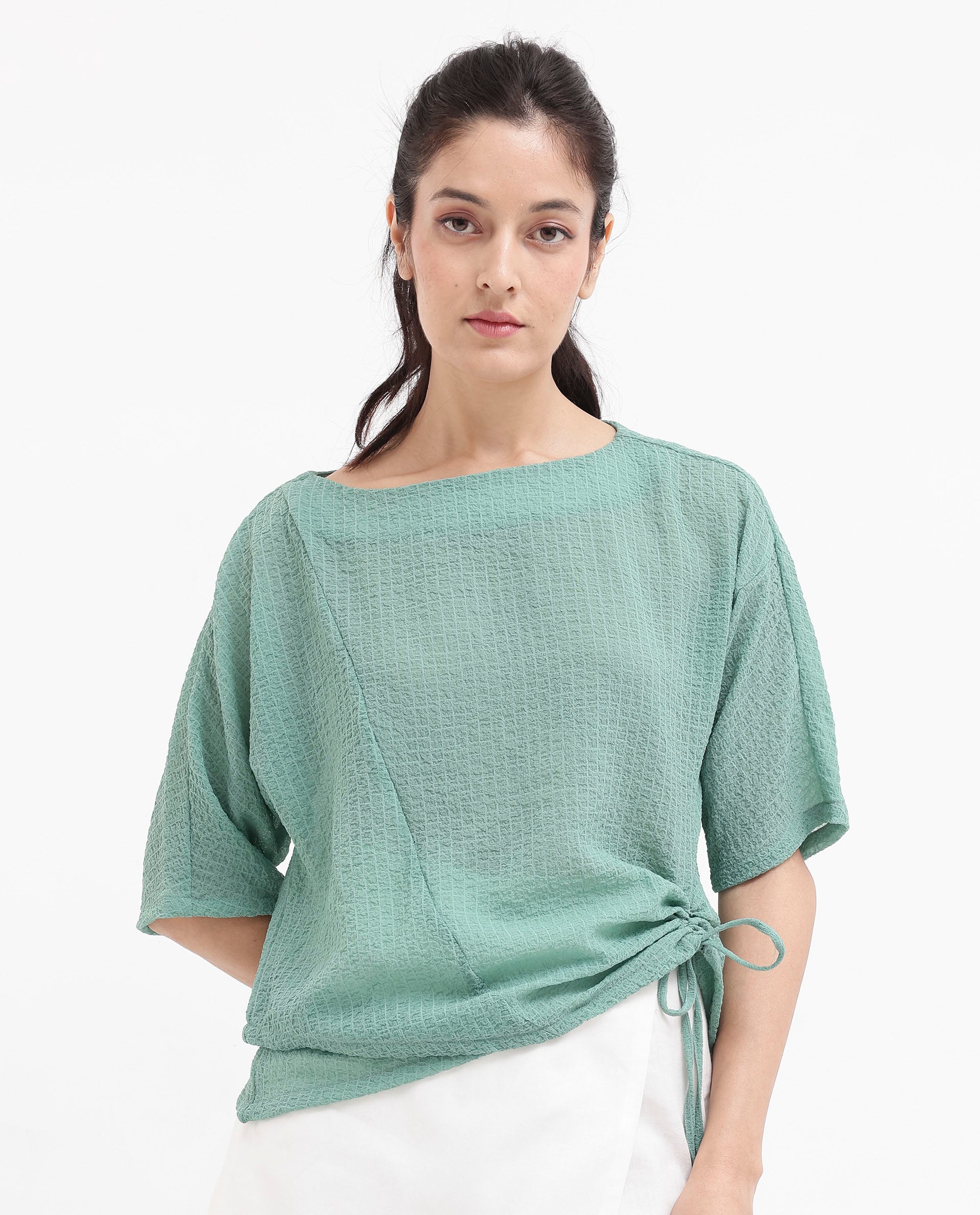 Rareism Women Texmer Green Short Sleeve Boat Neck Plain Top