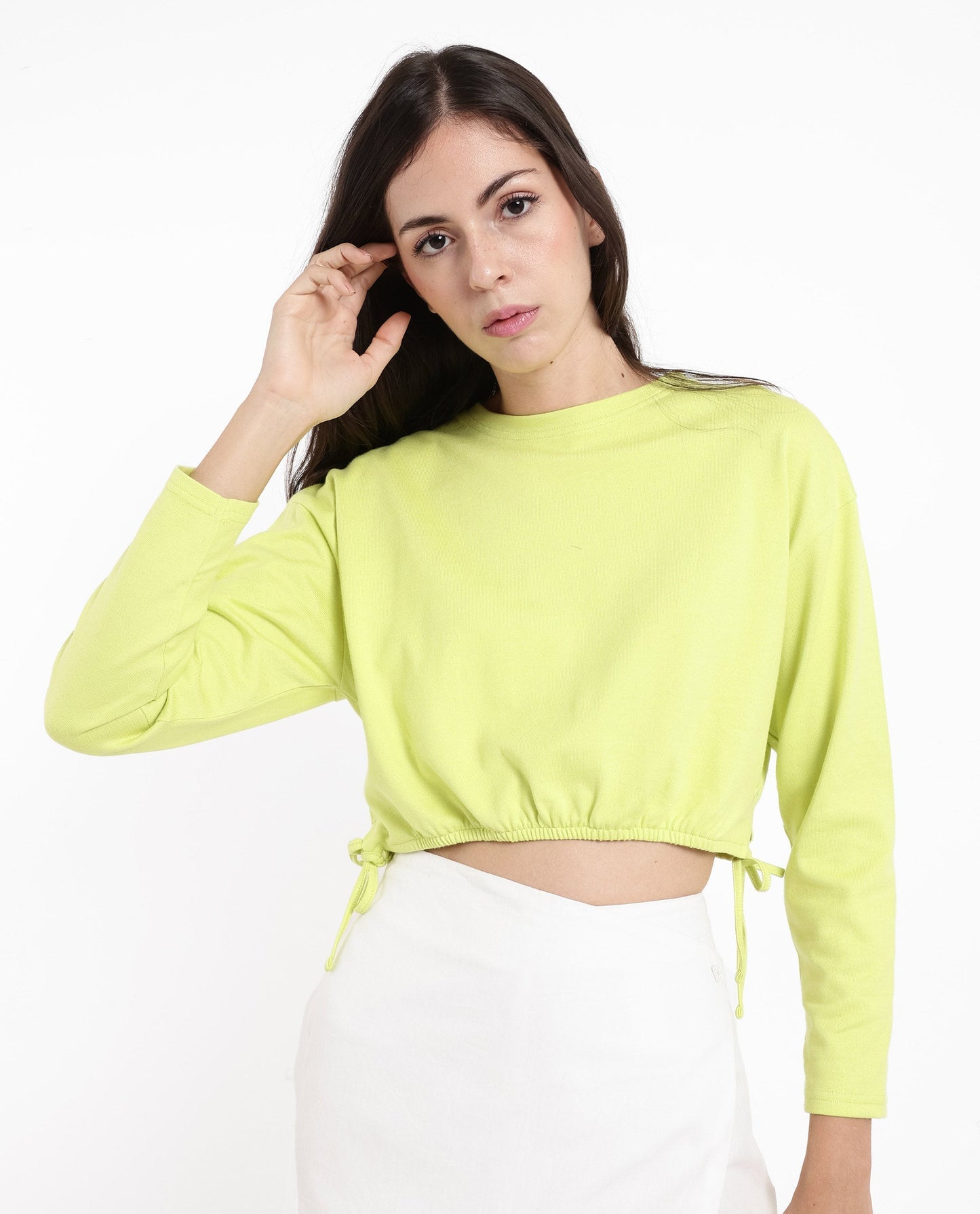 Rareism Women Thistle Flouroscent Green Cotton Fabric Full Sleeve Crew Neck Solid Regular Fit Top