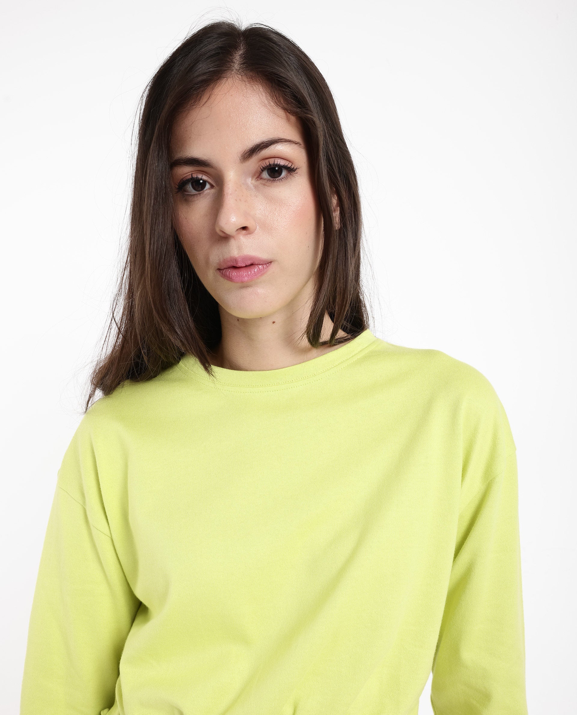 Rareism Women Thistle Flouroscent Green Cotton Fabric Full Sleeve Crew Neck Solid Regular Fit Top