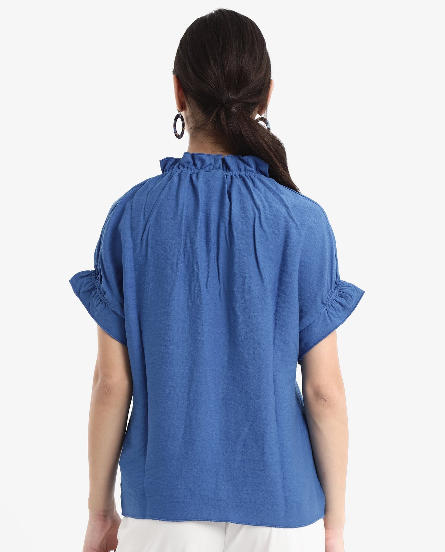 Rareism Women Tichi Blue Extended Sleeves V-Neck Plain Top