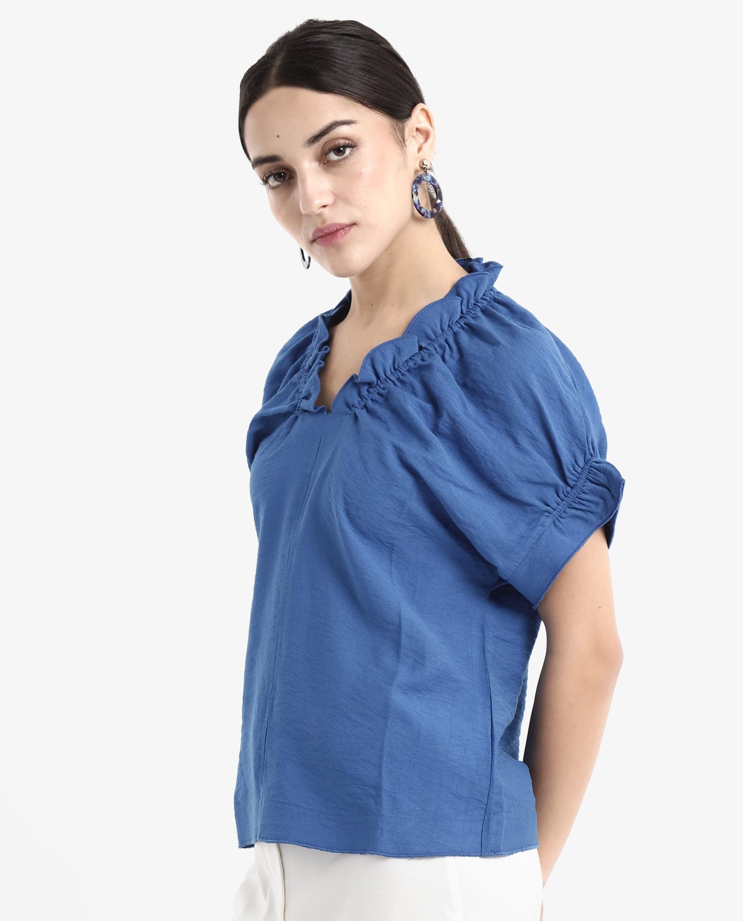 Rareism Women Tichi Blue Extended Sleeves V-Neck Plain Top