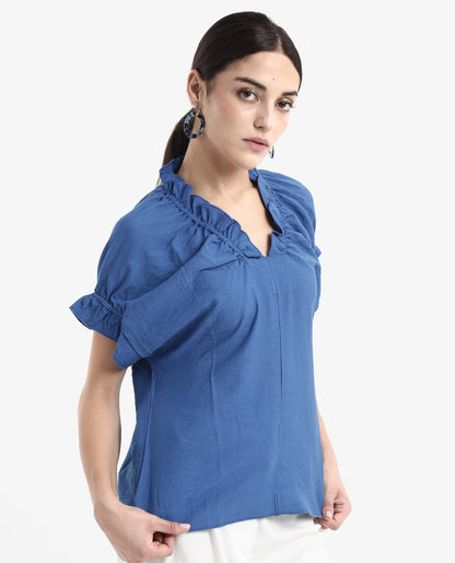 Rareism Women Tichi Blue Extended Sleeves V-Neck Plain Top