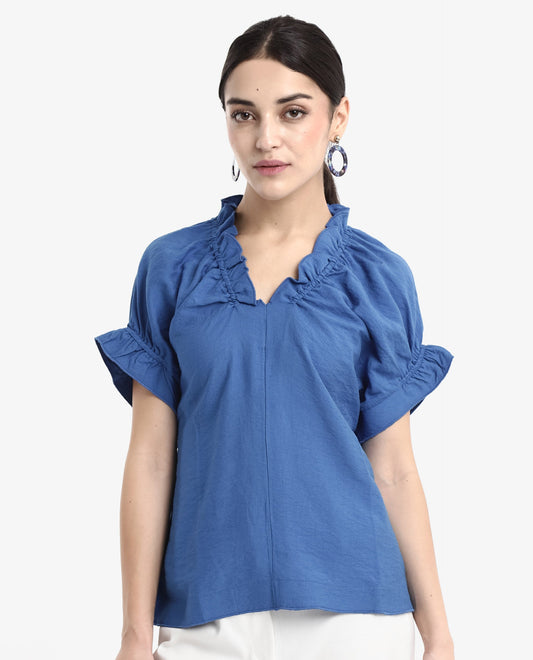 Rareism Women Tichi Blue Extended Sleeves V-Neck Plain Top