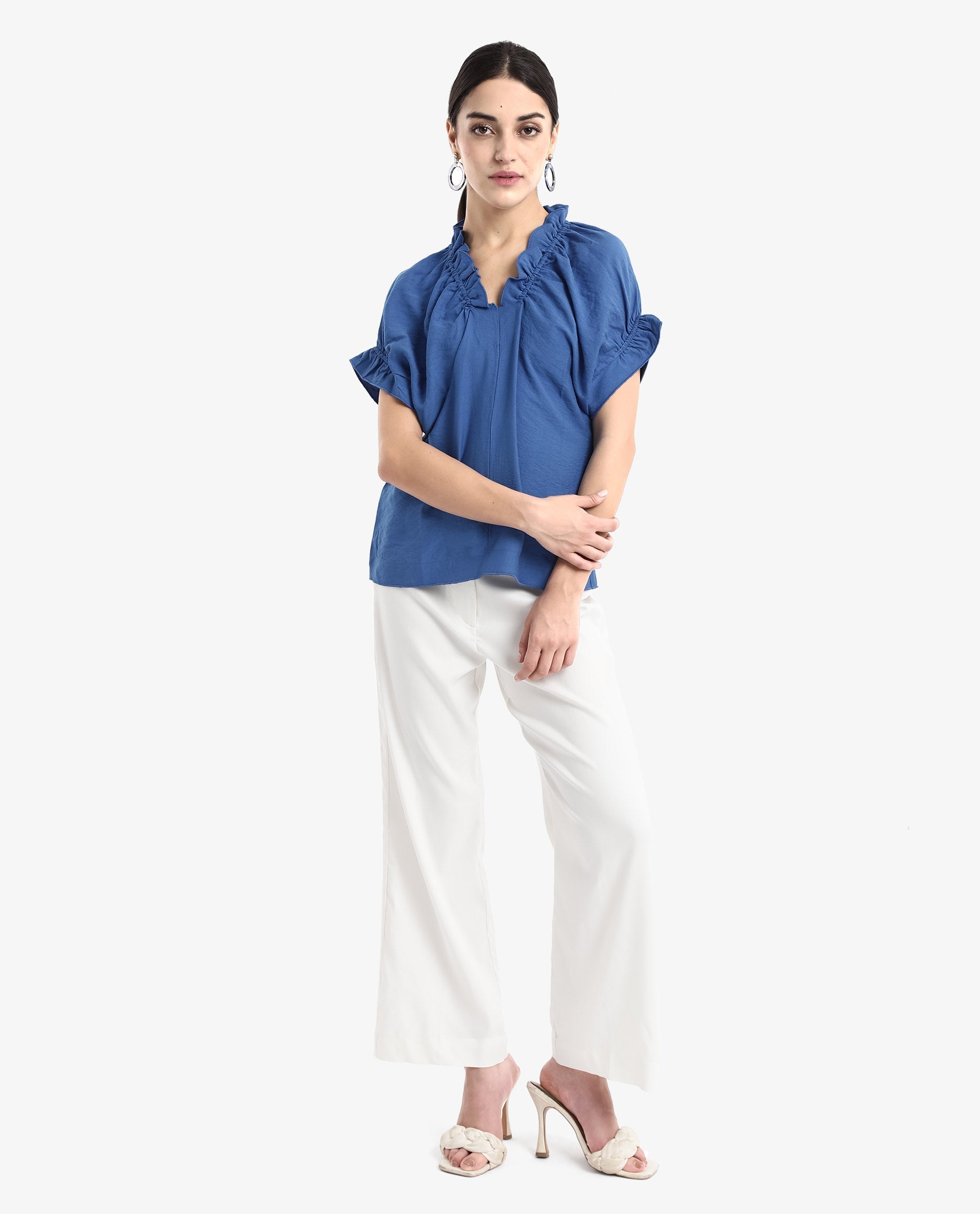 Rareism Women Tichi Blue Extended Sleeves V-Neck Plain Top