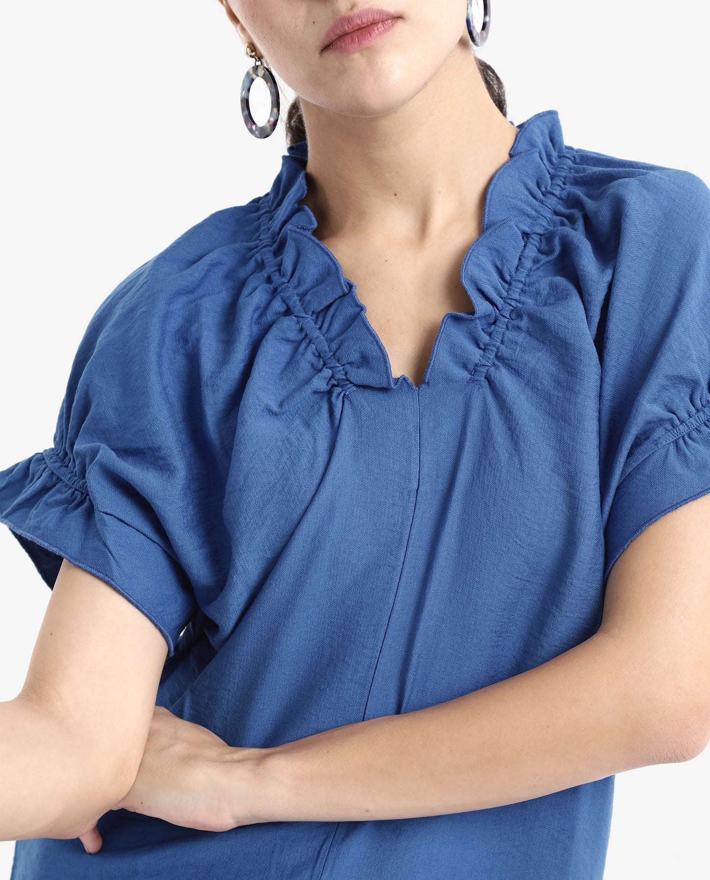 Rareism Women Tichi Blue Extended Sleeves V-Neck Plain Top