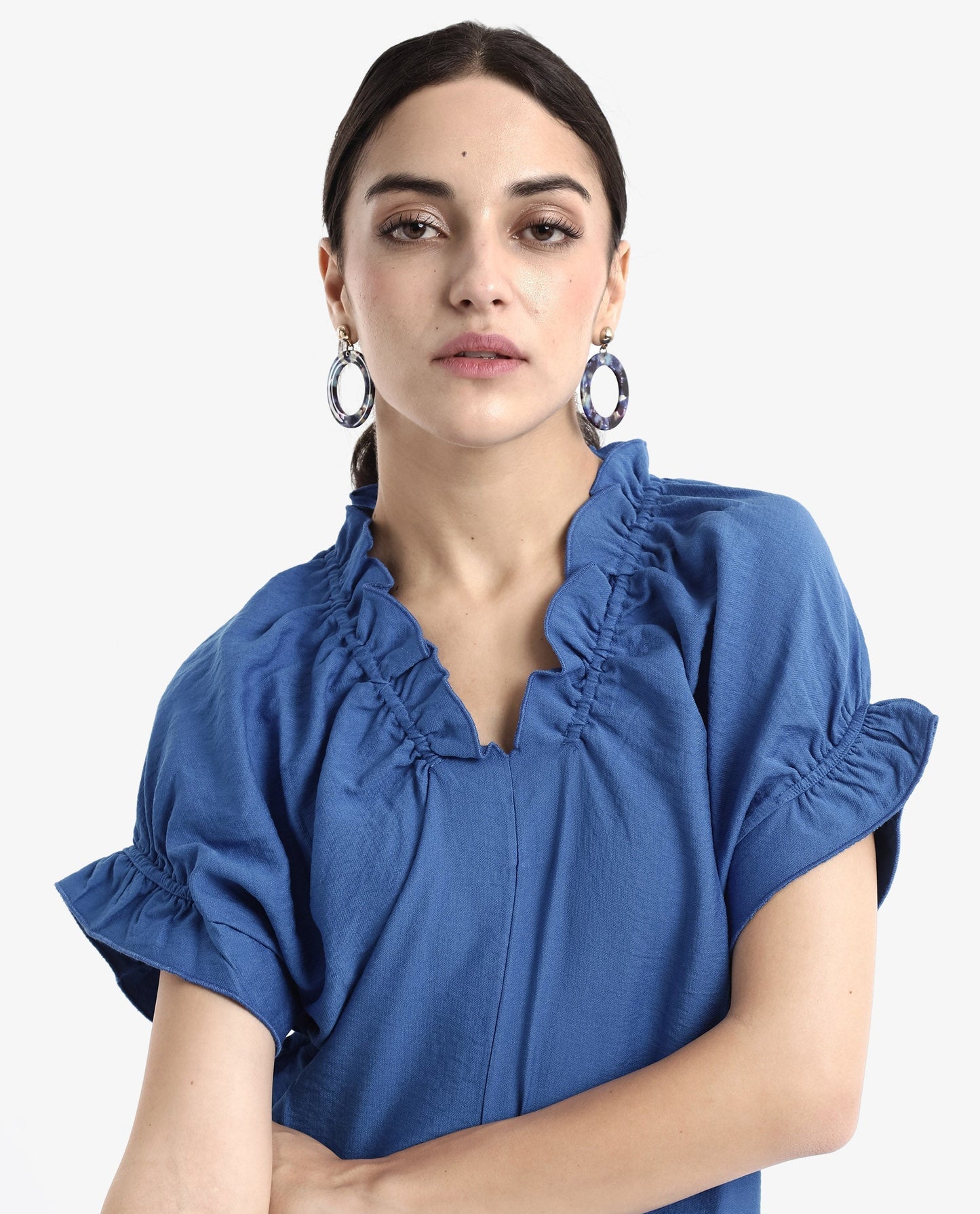 Rareism Women Tichi Blue Extended Sleeves V-Neck Plain Top