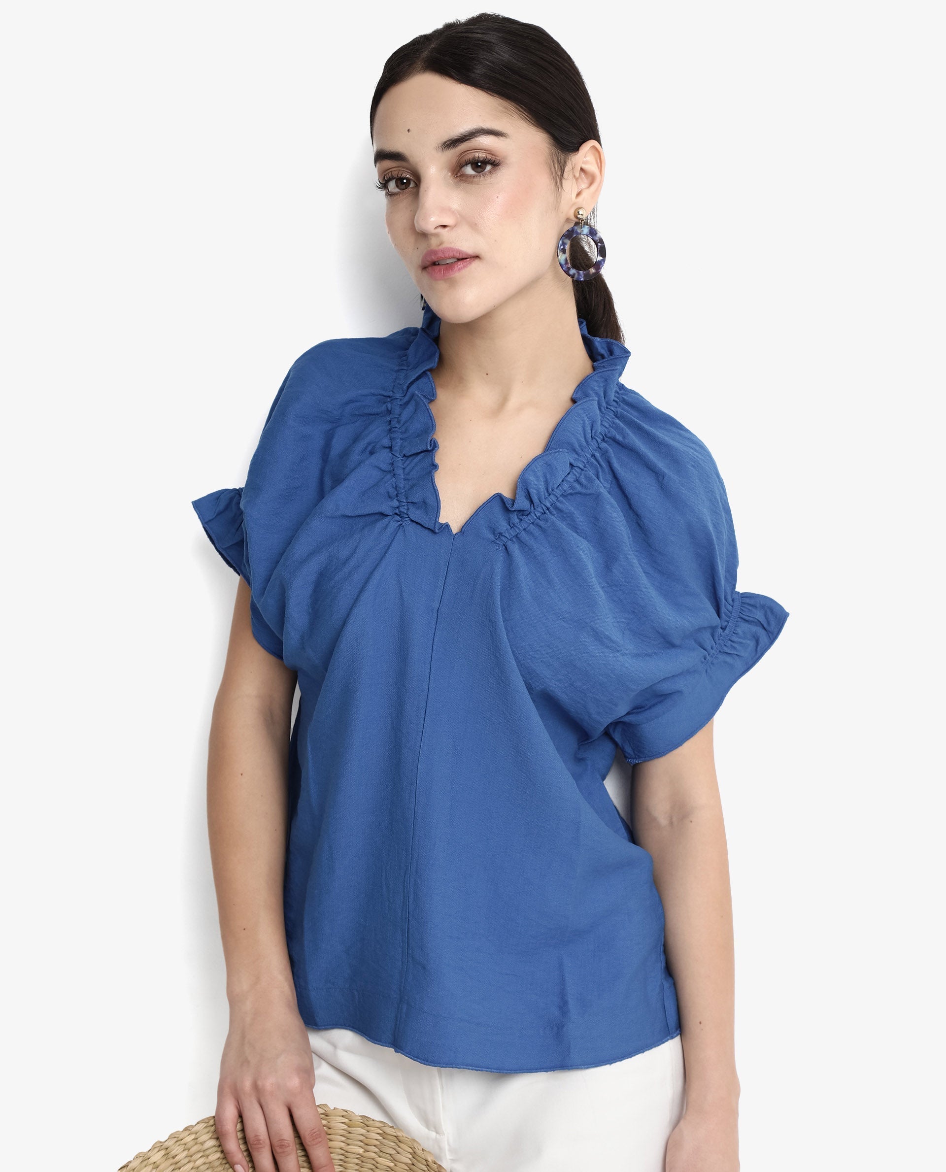 Rareism Women Tichi Blue Extended Sleeves V-Neck Plain Top