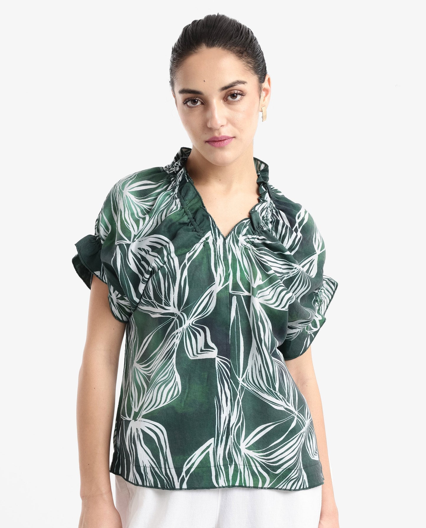 Rareism Women Tichin Green Extended Sleeves V-Neck Abstract Print Top