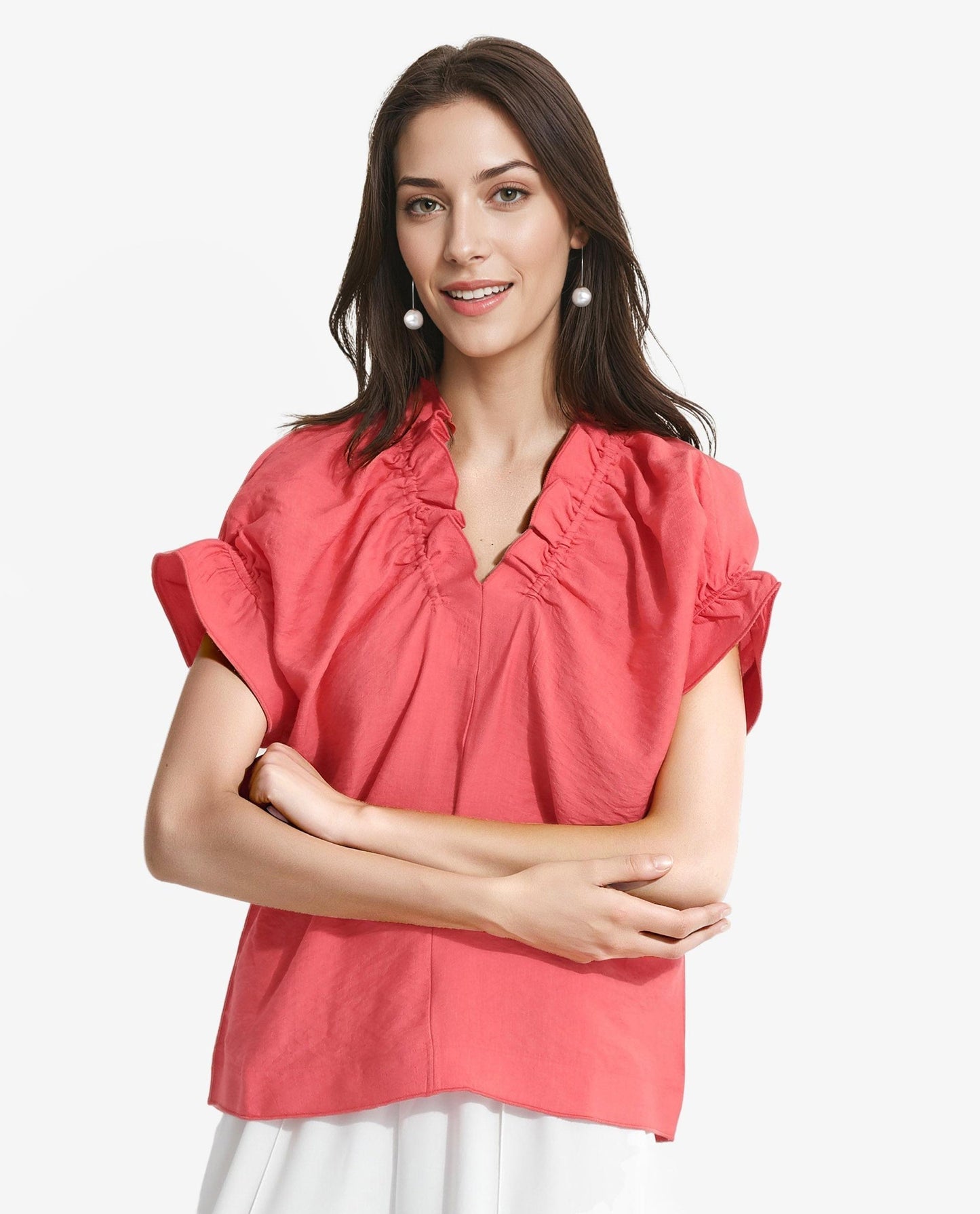 Rareism Women Tichi Orange Extended Sleeves V-Neck Plain Top