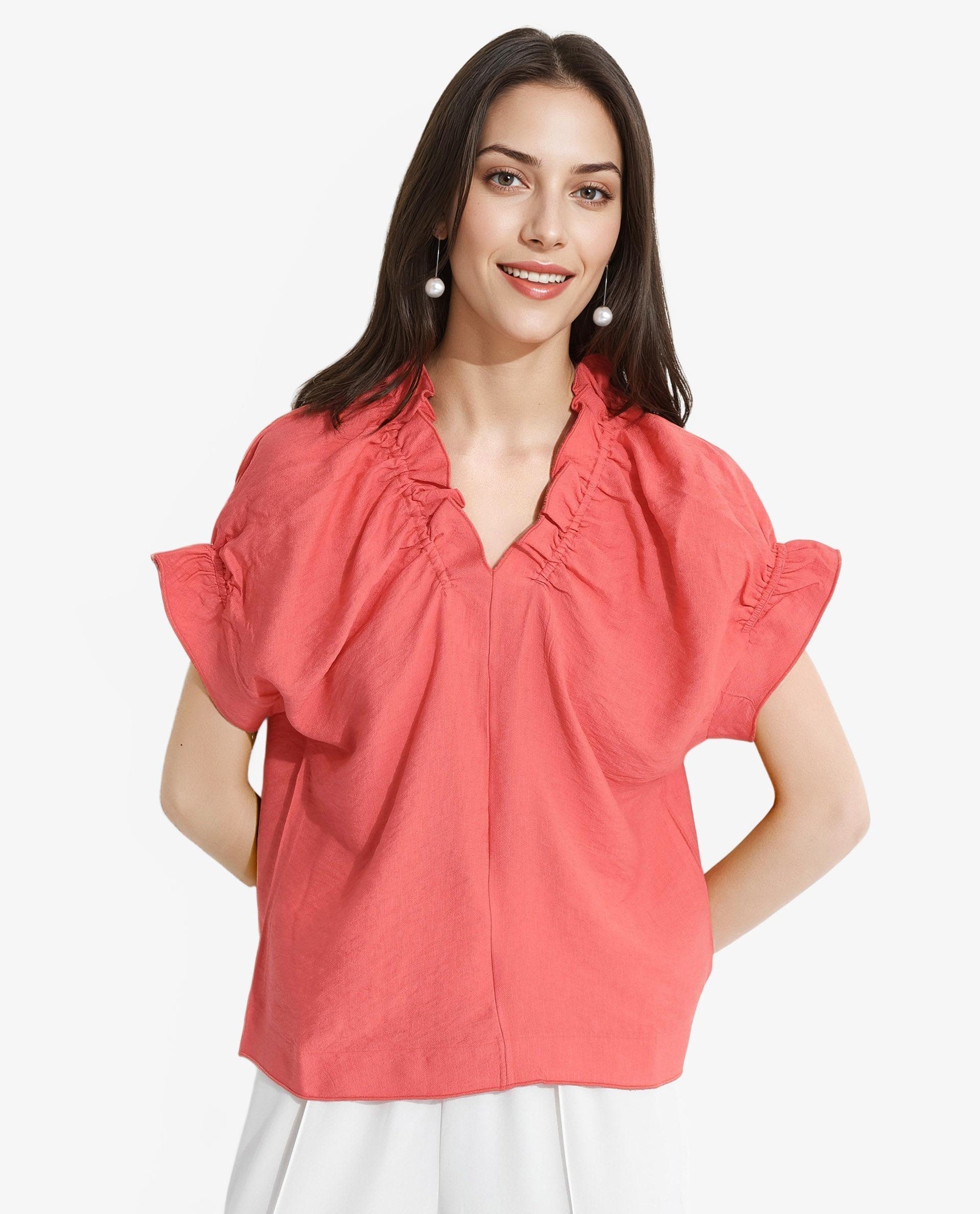 Rareism Women Tichi Orange Extended Sleeves V-Neck Plain Top