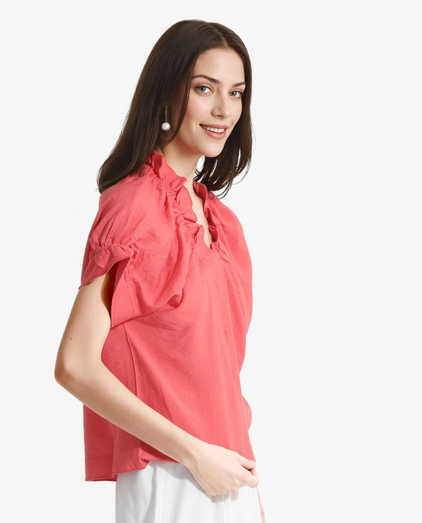 Rareism Women Tichi Orange Extended Sleeves V-Neck Plain Top