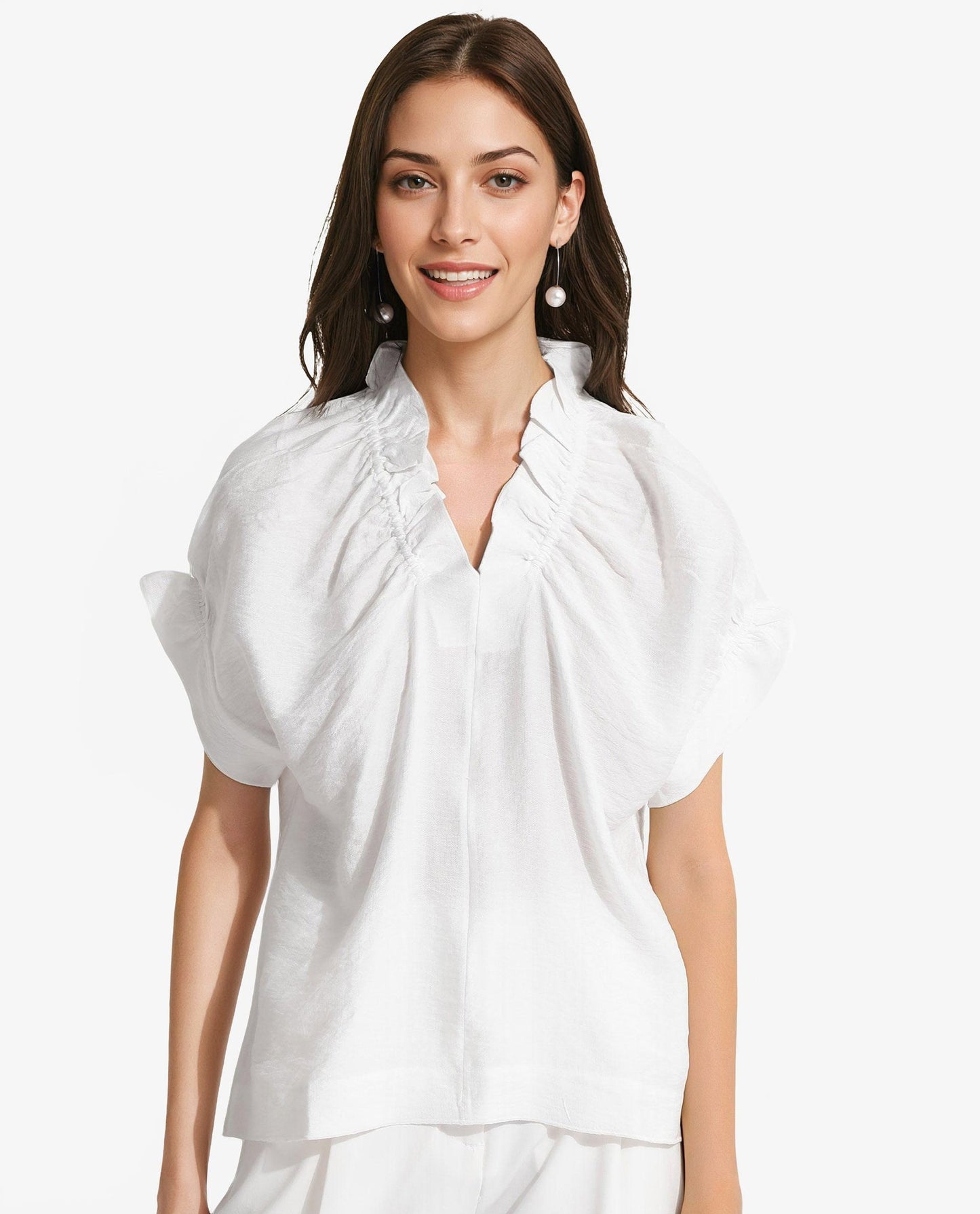 Rareism Women Tichi White Extended Sleeves V-Neck Plain Top