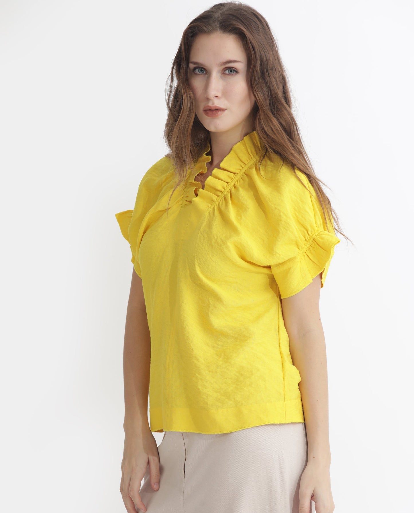 Rareism Women Tich Yellow Polyester Fabric Regular Fit Ruffled Neck Half Sleeves Solid Top