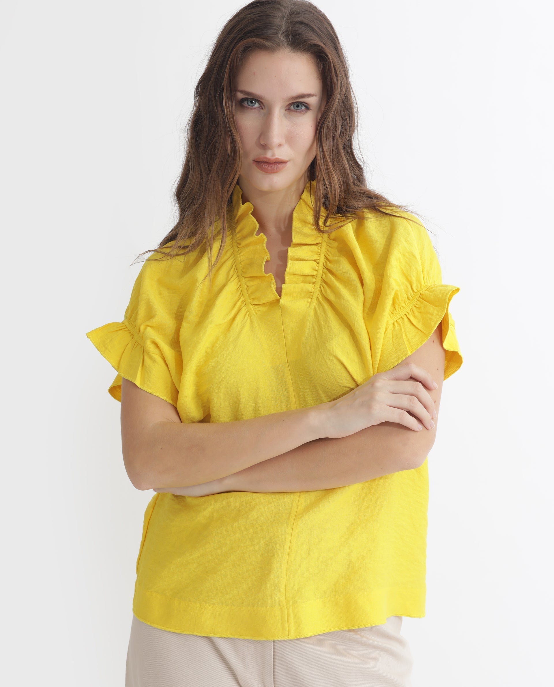 Rareism Women Tich Yellow Polyester Fabric Regular Fit Ruffled Neck Half Sleeves Solid Top