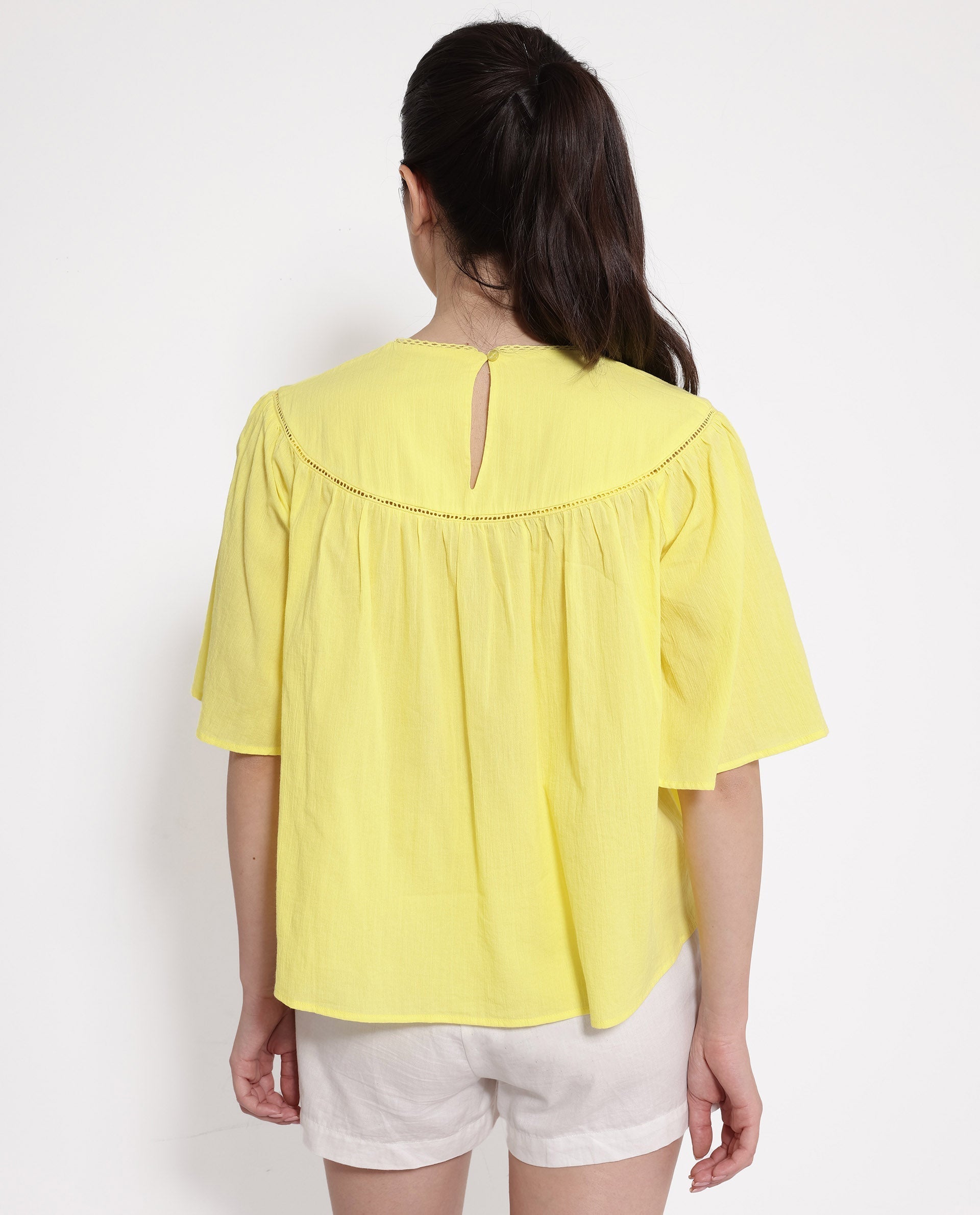 Rareism Women Tonala Yellow Button Closure Raglan Sleeves Crew Neck Relaxed Fit Plain Top