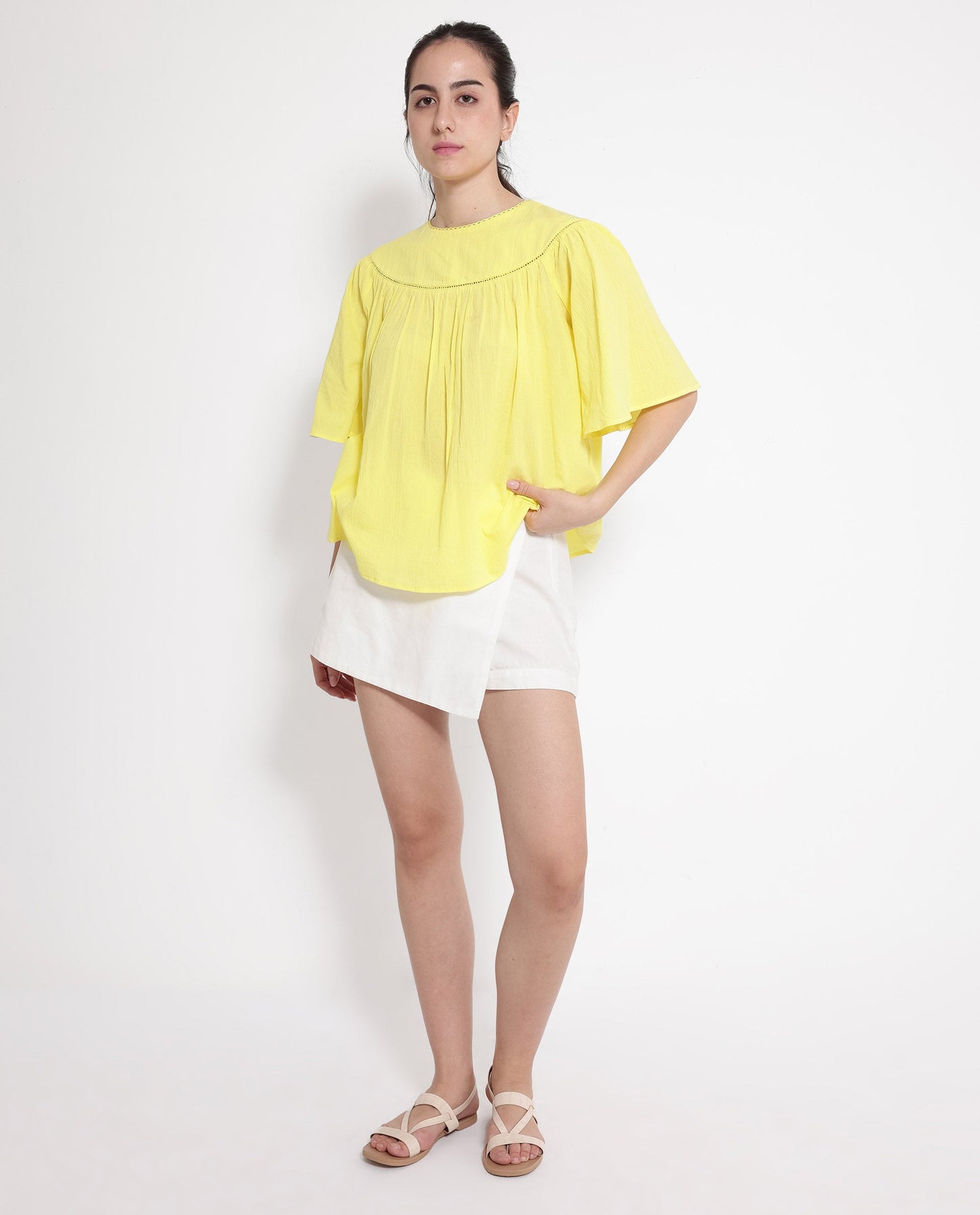 Rareism Women Tonala Yellow Button Closure Raglan Sleeves Crew Neck Relaxed Fit Plain Top