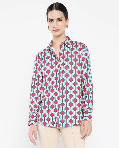 Rareism Women Tonyhale Multi Satin Cuffed Sleeves Collared Neck Button Closure Geometric Print Top