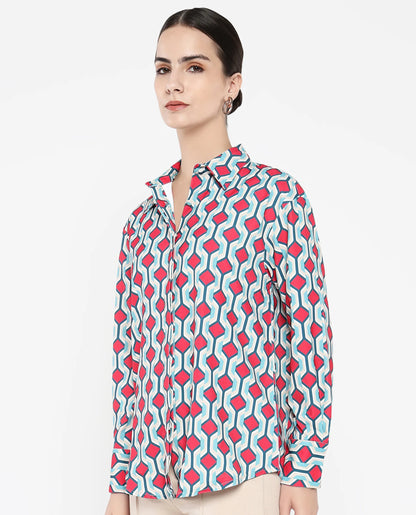 Rareism Women Tonyhale Multi Satin Cuffed Sleeves Collared Neck Button Closure Geometric Print Top