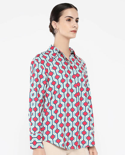 Rareism Women Tonyhale Multi Satin Cuffed Sleeves Collared Neck Button Closure Geometric Print Top