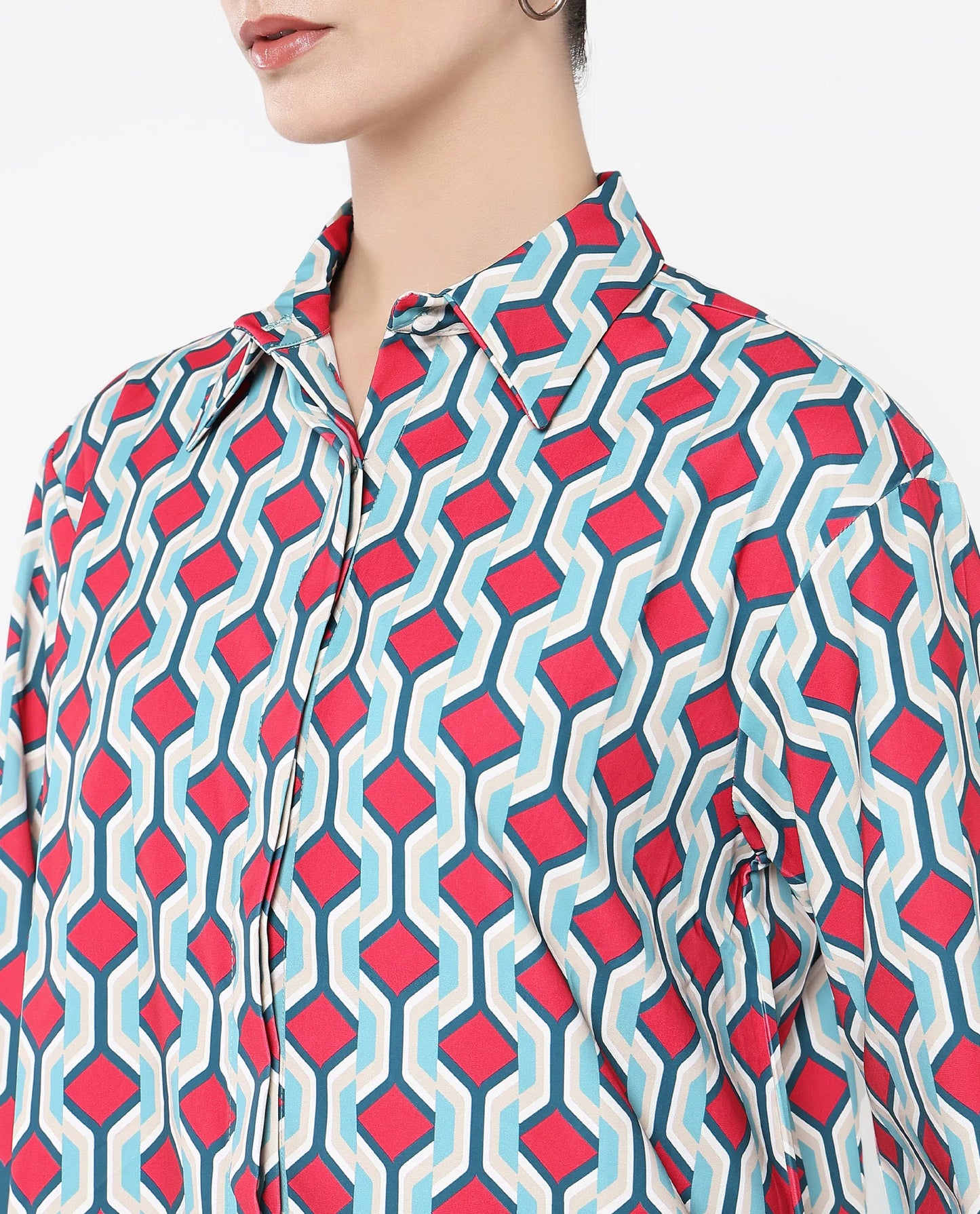 Rareism Women Tonyhale Multi Satin Cuffed Sleeves Collared Neck Button Closure Geometric Print Top