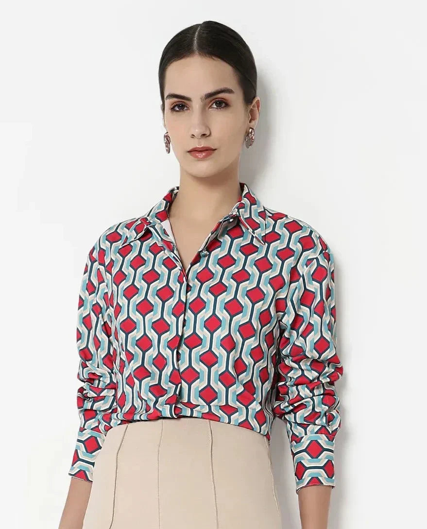 Rareism Women Tonyhale Multi Satin Cuffed Sleeves Collared Neck Button Closure Geometric Print Top