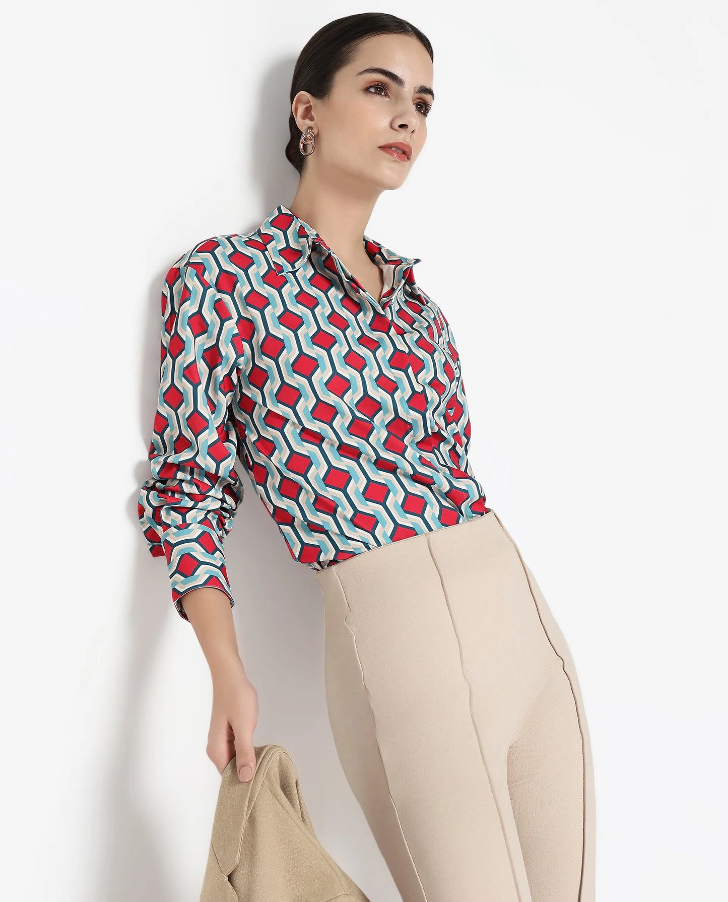 Rareism Women Tonyhale Multi Satin Cuffed Sleeves Collared Neck Button Closure Geometric Print Top