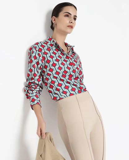 Rareism Women Tonyhale Multi Satin Cuffed Sleeves Collared Neck Button Closure Geometric Print Top