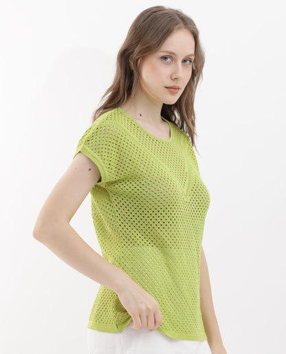 Rareism Women Totoro Flouroscent Green Top U-Neck Solid