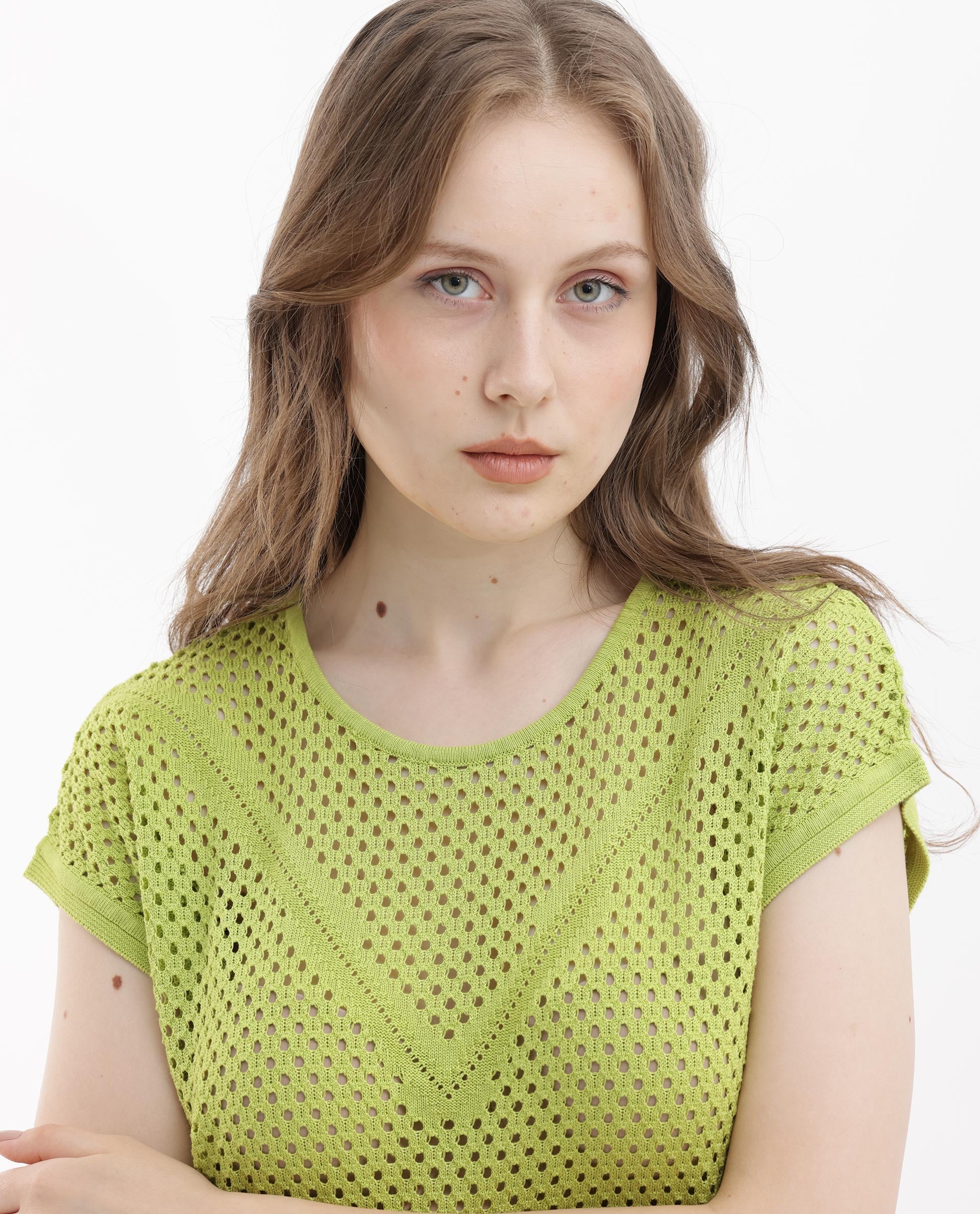 Rareism Women Totoro Flouroscent Green Top U-Neck Solid