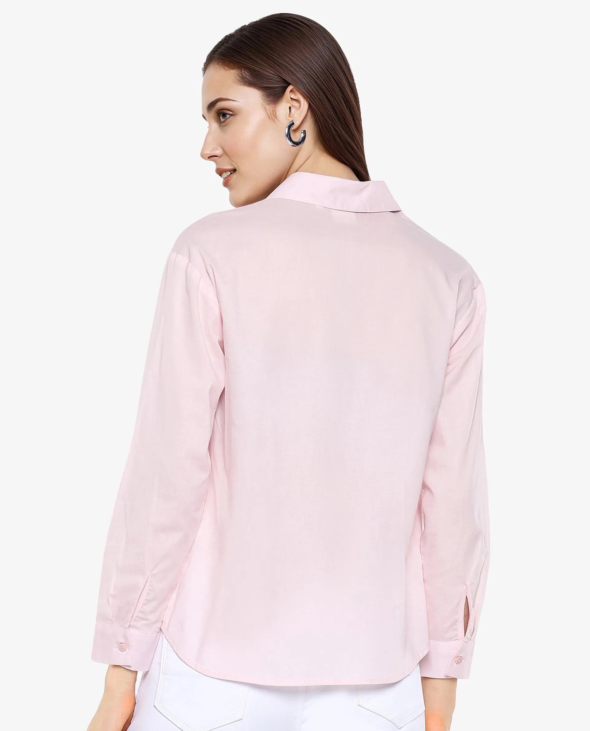 Rareism Women Towol Light Pink Cuffed Sleeve Collared Neck Button Closure Plain Top