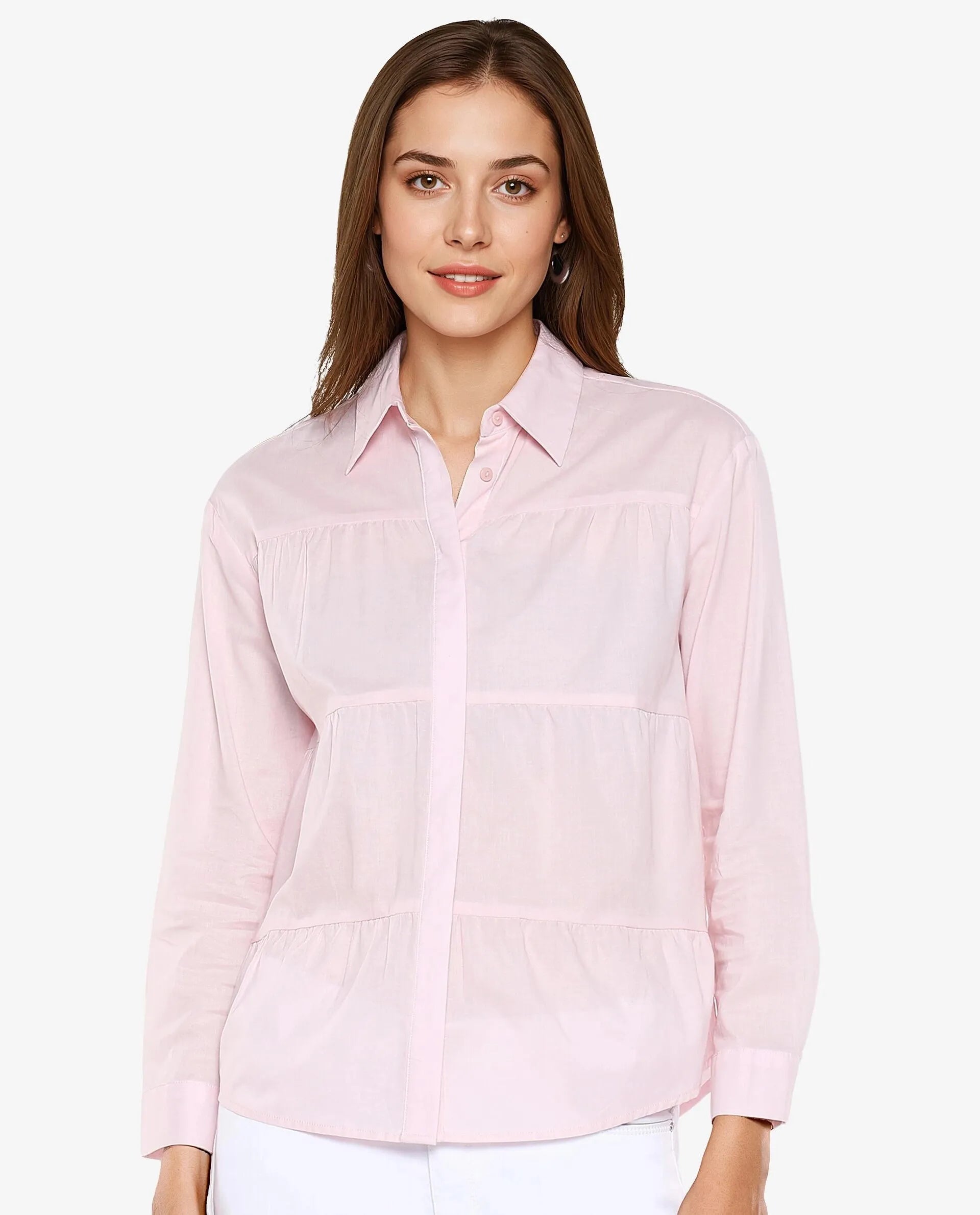 Rareism Women Towol Light Pink Cuffed Sleeve Collared Neck Button Closure Plain Top