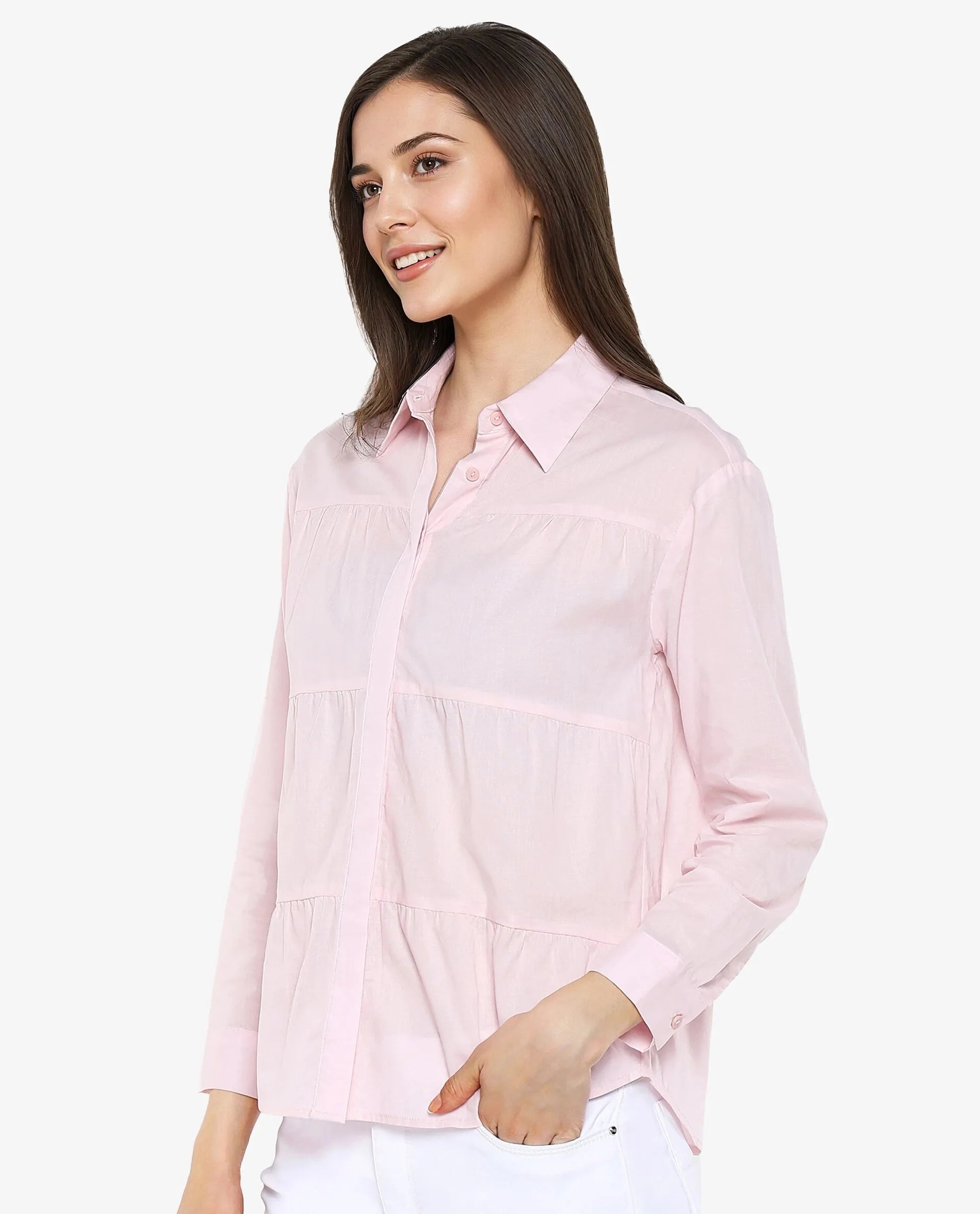 Rareism Women Towol Light Pink Cuffed Sleeve Collared Neck Button Closure Plain Top