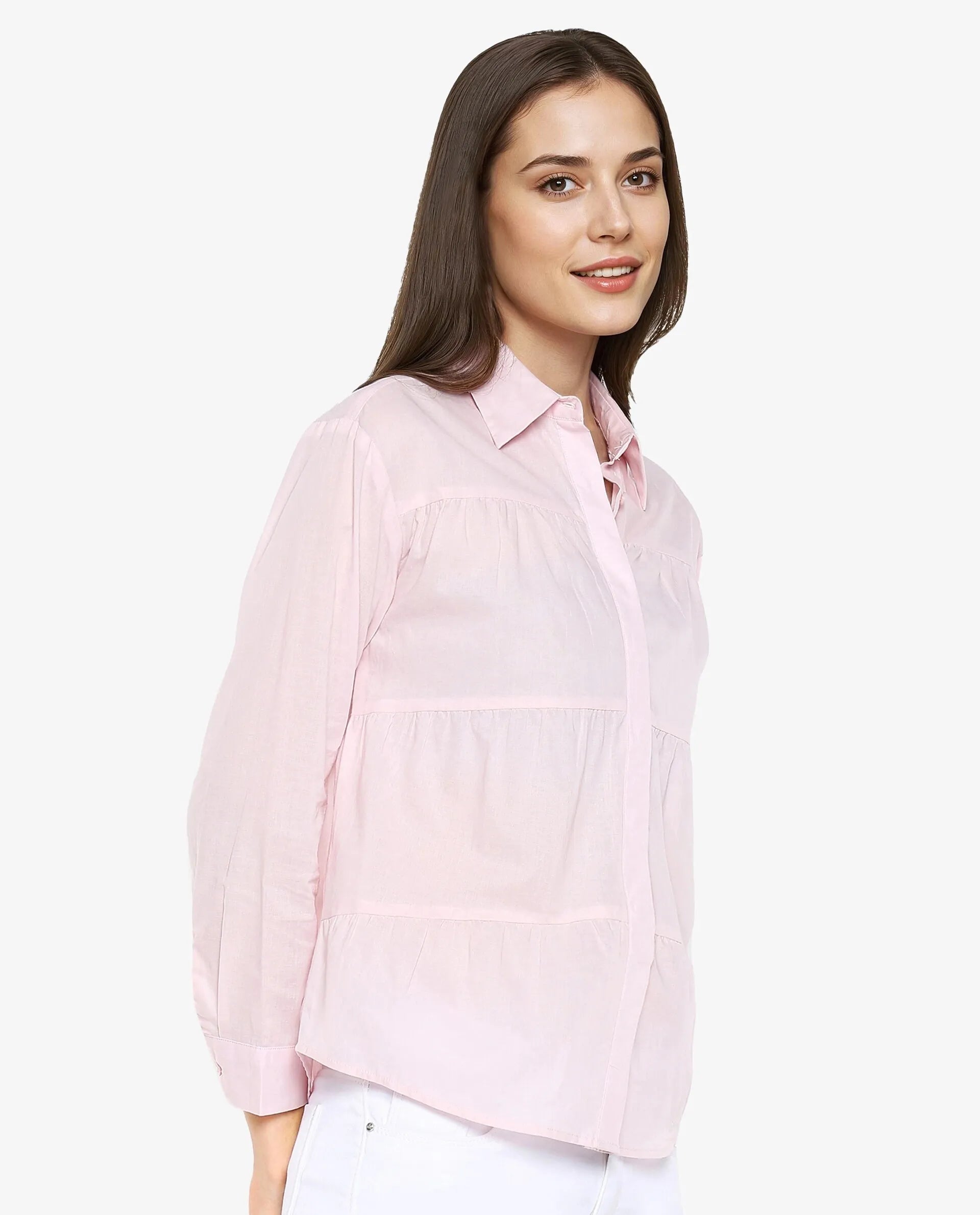 Rareism Women Towol Light Pink Cuffed Sleeve Collared Neck Button Closure Plain Top