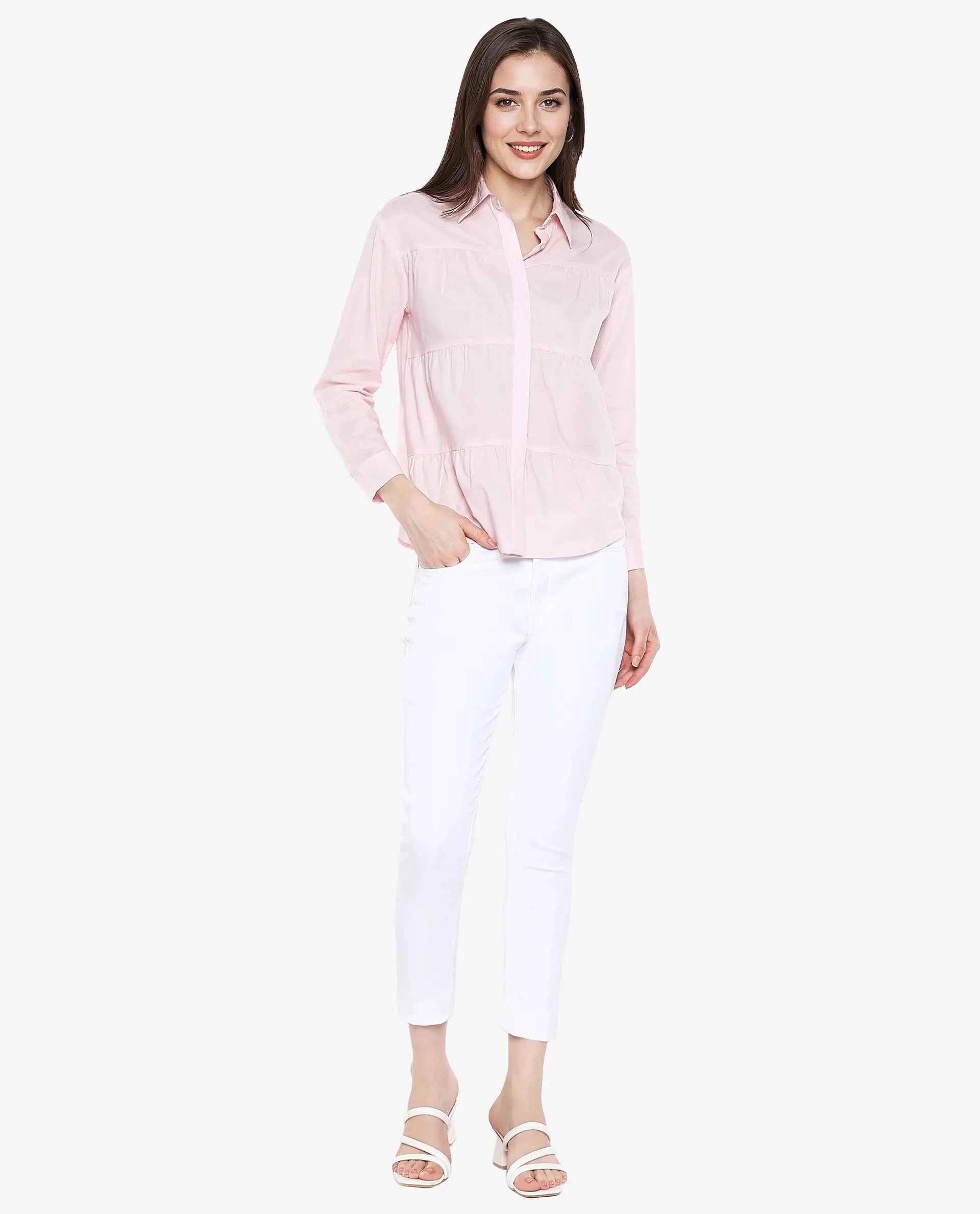 Rareism Women Towol Light Pink Cuffed Sleeve Collared Neck Button Closure Plain Top