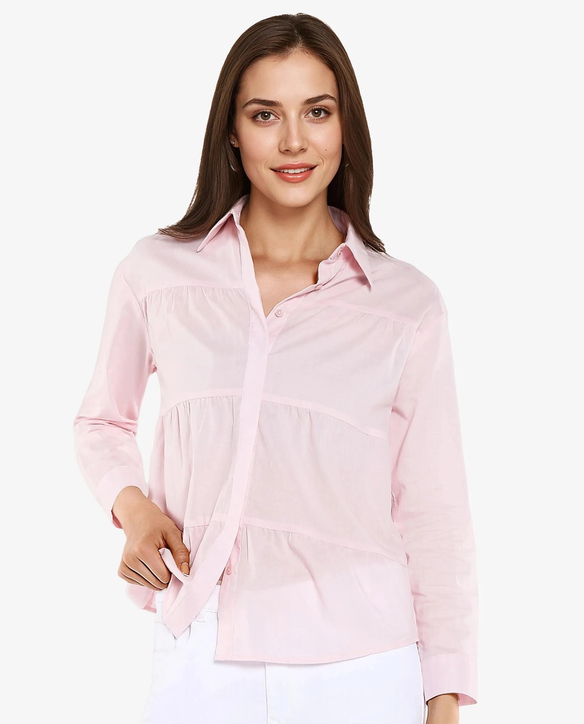 Rareism Women Towol Light Pink Cuffed Sleeve Collared Neck Button Closure Plain Top