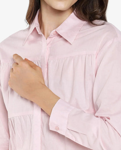 Rareism Women Towol Light Pink Cuffed Sleeve Collared Neck Button Closure Plain Top