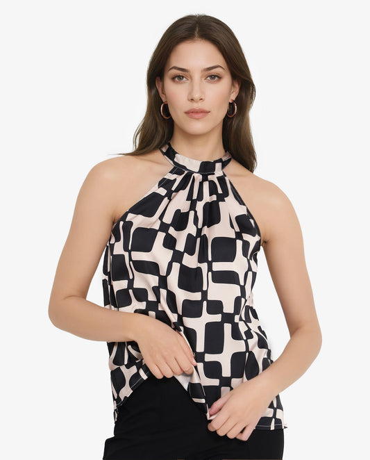 Rareism Women Trapani Black Button Closure Sleeveless Halter Neck Geometric Print Top