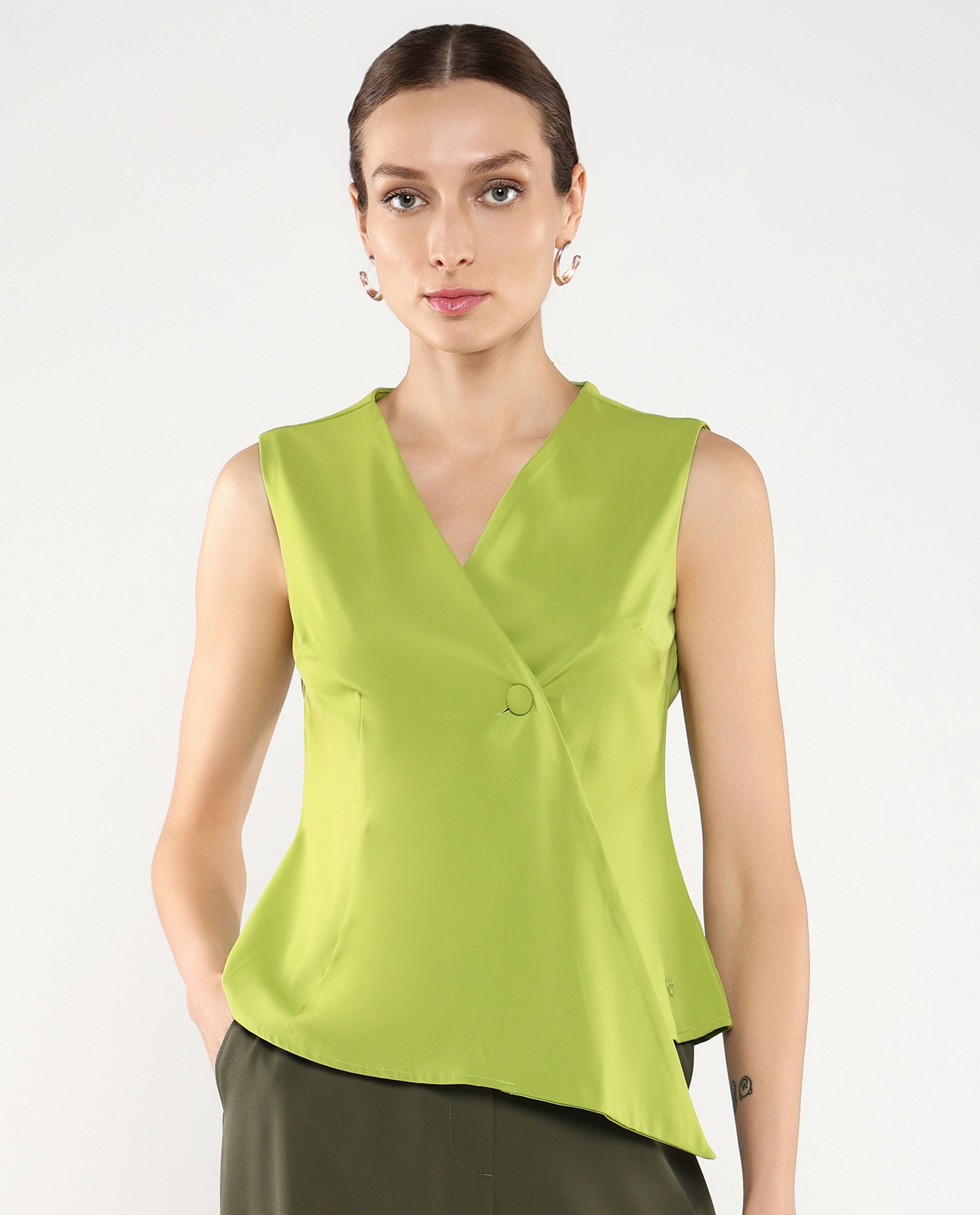 Rareism Women Tuika Flouroscent Green Satin Sleeveless Over Lap Neck Button Closure Plain Top