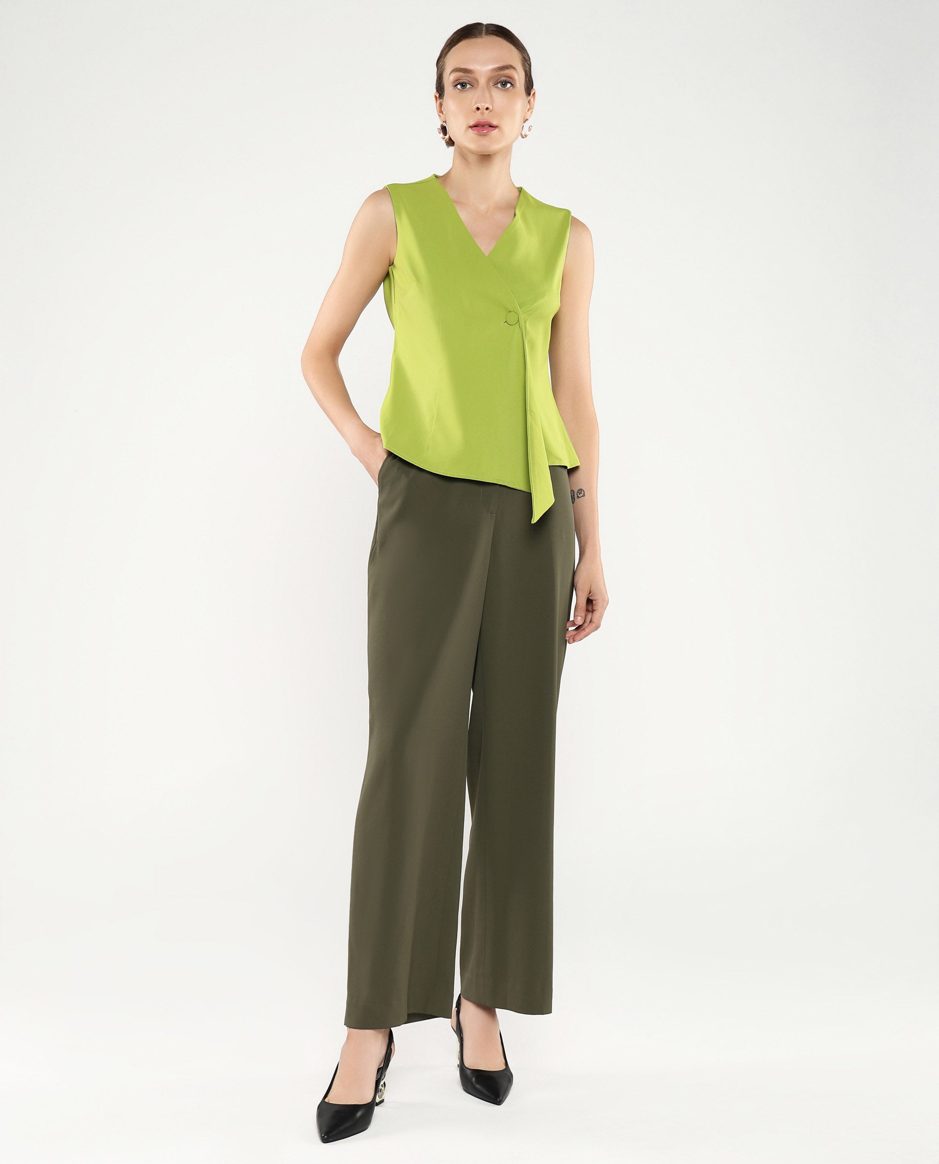 Rareism Women Tuika Flouroscent Green Satin Sleeveless Over Lap Neck Button Closure Plain Top