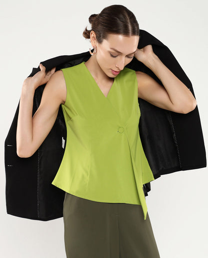 Rareism Women Tuika Flouroscent Green Satin Sleeveless Over Lap Neck Button Closure Plain Top