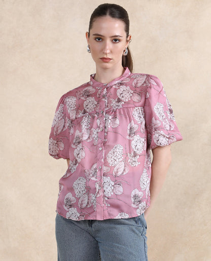 Rareism Women Turino Dusky Pink Balloon Sleeve Mandarin Neck  Floral Print Top